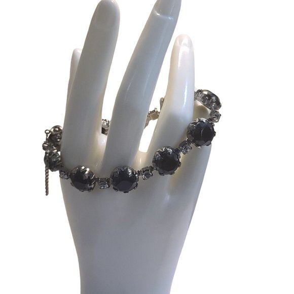 Schiaparelli Black Rhinestone Bracelet with safety chain one missing stone - Picture 5 of 12